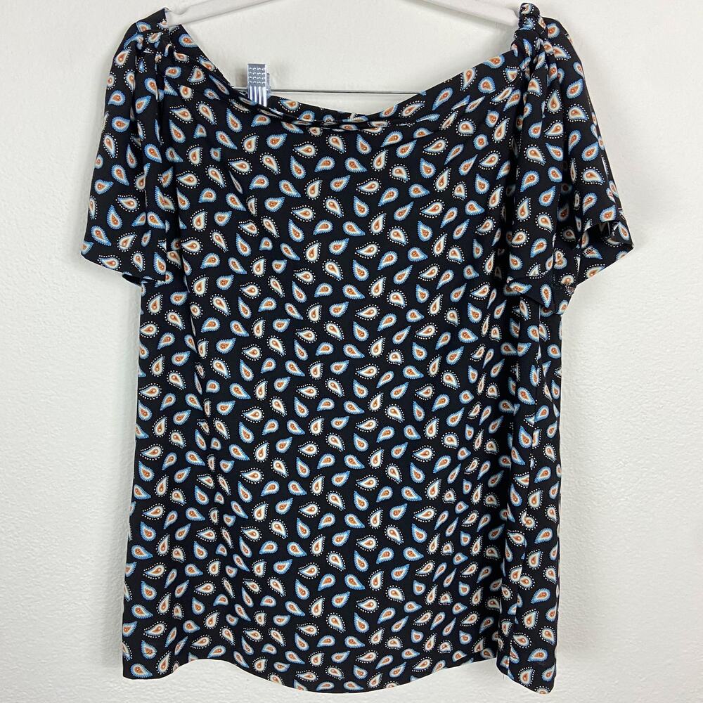 Pleione Off the Shoulder Top Size M Navy Blue Paisley Geometric‎ Print Blouse